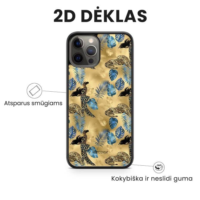 iphone 14 pro max telefono deklas auksines spalvos su leopardu