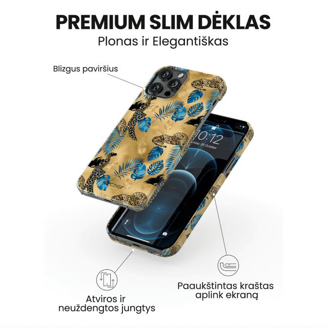 iphone 14 pro max telefono deklas auksines spalvos su leopardu