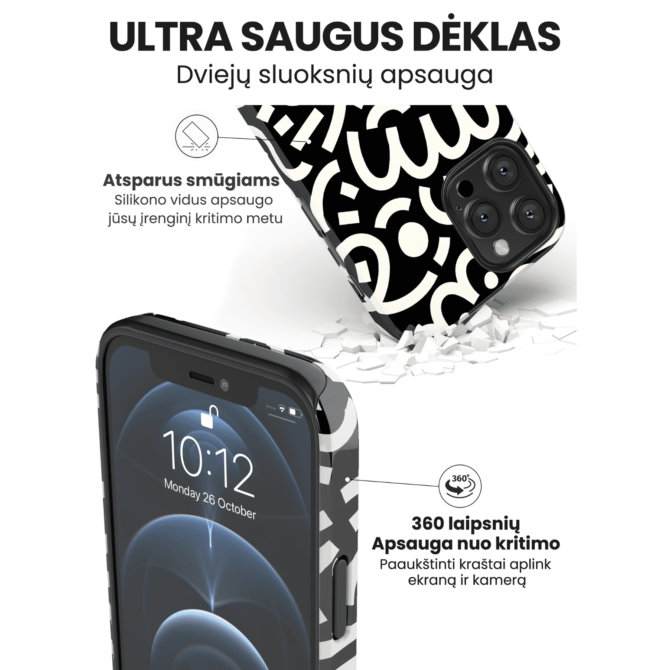 Hopcover iPhone telefono dekliukas juodos baltos spalvos printas